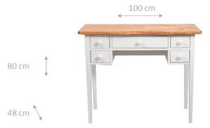 Tavolino scrittoio in legno massello di tiglio struttura bianca anticata piano finitura naturale. Made in Italy