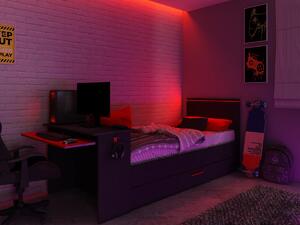 Letto a scomparsa gamer 90 x 200 cm e 90 x 190 cm - con scrivania - LED - Antracite e Rosso - VOUANI