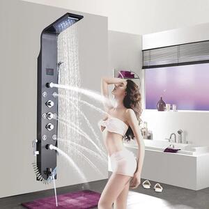 Pannello doccia - Modello 8009 - Acciaio inossidabile 304, spazzolato - LED alimentati ad acqua - Soffione da 20 cm - Miscelatore caldo/freddo - 3 maniglie - Bordeaux