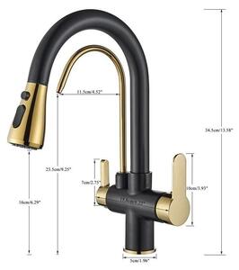Rubinetto da cucina - Doccetta estraibile - Orientabile a 360° - Due maniglie - Montaggio monoforo - Acqua calda/fredda - Filtro per l'acqua - Nero-oro