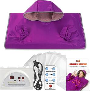 Coperta termica per sauna con maniche, cappuccio e due zone a infrarossi, LINOMAG®, 10 pezzi, brucia grassi, relax, disintossicazione, 35-80 °C, viola, 180 x 80 cm