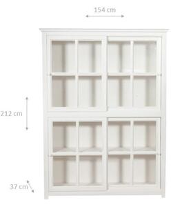 Libreria vetrina con ante scorrevoli in legno massello di tiglio, finitura bianca anticata L154xPR37xH212 cm. Made in Italy