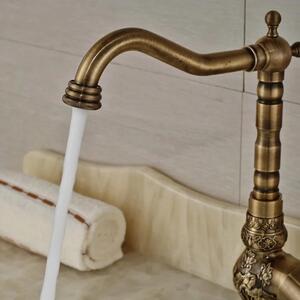 Rubinetto per lavabo - Modello corto - Miscelatore monocomando - Acqua calda/fredda - Orientabile a 360° - Bocca lunga - Cartuccia in Vetroceramica - Montaggio monoforo - Ottone anticato