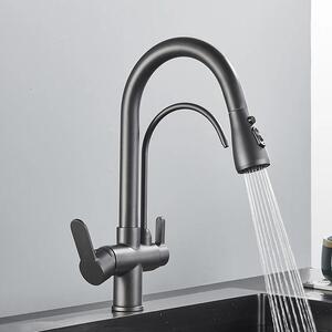 Miscelatore da cucina – Miscelatore estraibile per lavello – Filtro per l'acqua potabile – Rotazione a 360° – Due manopole per acqua fredda e calda – Montaggio su un foro – Ottone – Grigio