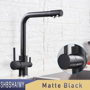 Rubinetto da cucina con filtro - Miscelatore a 3 vie - Uscita separata per acqua potabile - Due maniglie - Orientabile a 360° - Cartuccia in Vetroceramica - Nero opaco