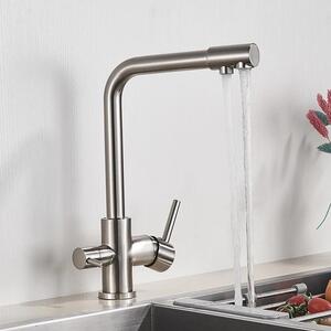 Rubinetto da cucina con filtro - Rubinetto a 3 vie - Erogatore per acqua potabile - Acqua calda e fredda - Orientabile a 360° - Montaggio a incasso su piano - Cartuccia in Vetroceramica - Ottone - Nichel spazzolato