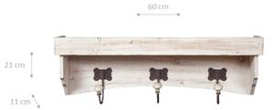 Attaccapanni a mensola in legno massiccio finitura bianco anticato L60xPR21xH11 cm