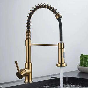 Rubinetto da cucina - Monomando per foro singolo - Doccetta estraibile - Orientabile a 360° - Acqua calda e fredda - Cartuccia in Vetroceramica - Acciaio inossidabile - Oro spazzolato