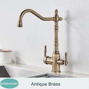 Rubinetto da cucina - Rubinetto a 3 vie - Per acqua potabile filtrata - Doppia maniglia - Bocca orientabile a 360° - Finitura ottone anticato - Montaggio a incasso su piano