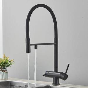 Rubinetto da cucina con filtro - Rubinetto a 3 vie - Doppia maniglia - Doccetta estraibile - Orientabile a 360° - Montaggio monoforo - Acciaio inossidabile - Cartuccia in Vetroceramica - Nero opaco