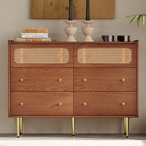 Credenza Moderna Vintage con 6 Cassetti e Dettagli in Rattan, Maniglie in Metallo Dorato per Camera da Letto e Soggiorno, Colore noce