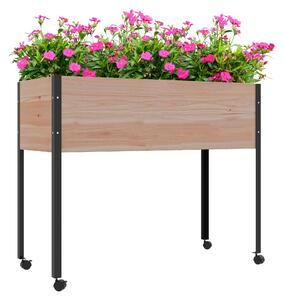 Outsunny Fioriera da Giardino con Fori di Drenaggio e 4 Ruote, in Legno di Abete e Acciaio, 99x42x81 cm|Aosom