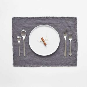 Set 6 Tovagliette In Lino Grigio Scuro Con Frange