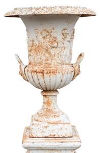 Vecchio vaso con base in fusione di ghisa finitura bianca anticata