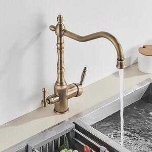 Rubinetto da cucina con filtro - Miscelatore a 3 vie - Due maniglie - Bocca orientabile a 360° - Montaggio monoforo 3,5–4 cm - Cartuccia in Vetroceramica - Ottone anticato