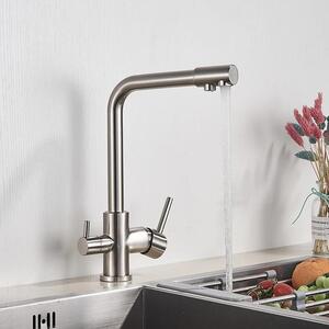 Rubinetto da cucina con filtro - Rubinetto a 3 vie - Acqua calda/fredda e potabile - Orientabile a 360° - Doppia maniglia - Montaggio monoforo - Nichel spazzolato