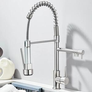 Rubinetto da cucina - Rubinetto estraibile a molla - Doppio beccuccio orientabile a 360° - Doccetta estraibile - Acqua calda/fredda - Monocomando, monoforo - Nichel spazzolato