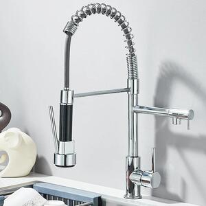 Rubinetto da cucina - Molla a spirale - Doppio beccuccio orientabile a 360° - Doccetta estraibile - Monocomando, 1 foro - Caldo/freddo - Ottone, cartuccia in Vetroceramica - Montaggio a vista - Cromo