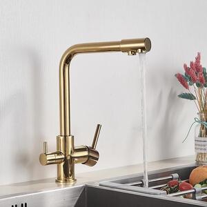Rubinetto da cucina con filtro - Rubinetto a 3 vie - Erogatore per acqua potabile - Doppia maniglia - Orientabile a 360° - Montaggio monoforo - Ottone - Oro