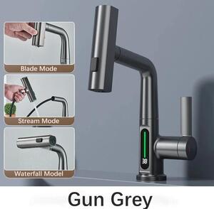 Rubinetto da cucina - Rubinetto da cucina estraibile - Display digitale intelligente - Bocchello orientabile a 360° - Miscelatore caldo/freddo - Monocomando, montaggio a foro singolo - Cartuccia in Vetroceramica - Grigio canna di fucile