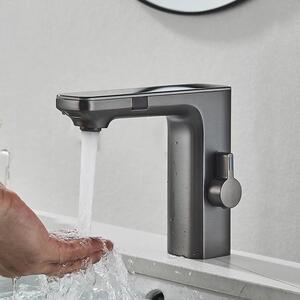 Rubinetto per lavabo - Rubinetto a sensore - Senza contatto, display digitale, miscelatore caldo/freddo, montaggio monoforo, cartuccia in Vetroceramica, 4 batterie AAAA - Grigio canna di fucile
