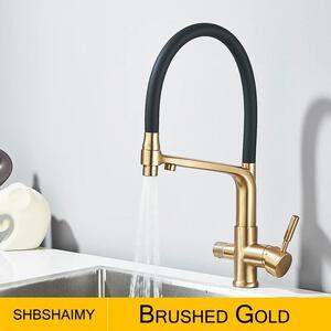 Rubinetto da cucina - Rubinetto con filtro - Acqua calda/fredda + acqua filtrata - Doccetta estraibile - Rotazione a 360° - Doppia maniglia, monoforo - Oro spazzolato