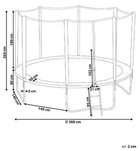 Trampolino Blu Polipropilene Pad Gambe in Acciaio 366 cm Rete di Sicurezza Rotonda Recinzione Giardino Esterno Beliani
