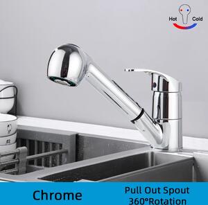 Rubinetto da cucina con bocca orientabile a 360°, miscelatore per lavello con acqua calda e fredda, con doccetta a scomparsa e finitura cromata, rubinetto cromato
