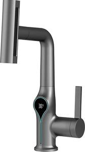 Miscelatore per lavabo a cascata con display digitale della temperatura - Rialzabile - Acqua calda e fredda - Montaggio a incasso - Grigio chiaro