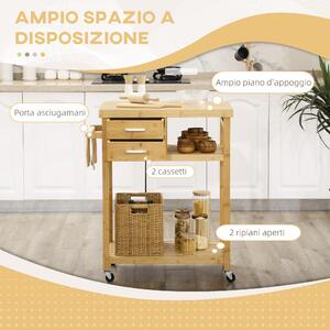 HOMCOM Carrello Cucina Bambù, Portasciugamani, 2 Cassetti, 2 Ripiani, 83x45x96cm - Design Ecologico