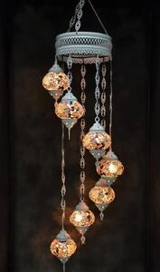 Lampada a sospensione in vetro colorato con mosaico orientale, a 7 sfere, realizzata a mano in Turchia, bianco crema