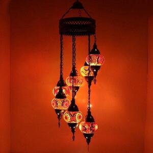 Lampada a sospensione turca - Lampada a mosaico realizzata a mano - Lampada da soffitto marocchina - Lampadario rosso con 7 sfere di vetro