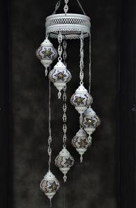Lampada a sospensione in vetro blu e bianco con mosaico orientale, a 7 sfere, realizzata a mano in Turchia, lunga 155 cm