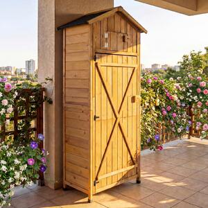 Costway Capanno da giardino in legno con porta a fienile e serratura, Armadio da esterno con mensole tavolo ganci e tetto in asfalto Giallo