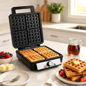 Costway Piastra per waffle antiaderente in acciaio inox, Macchina per waffle con rivestimento antiaderente temperatura regolabile e manico antiscottatura