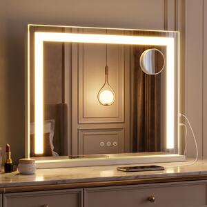 Costway Specchio da bagno con luci e ingrandimento 10x, Specchio da trucco per parete e tavolo con 3 colori e luminosità regolabili 58 x 10 x 43 cm