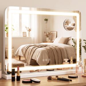 Costway Specchio trucco con luci 3 colori e luminosità regolabile, Specchio da tavolo o da parete con ingranditore 10x rimovibile stazione di ricarica