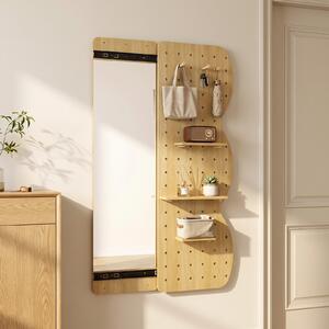 Costway Specchio da parete con pannello forato con guida scorrevole, Pannello forato legno con ganci e ripiani rimovibili