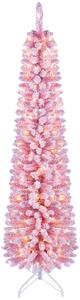 Costway Albero di natale artificiale 180 cm con 140 luci led, Albero di natale slim con 392 rami innevati decorazione per casa ufficio e negozio
