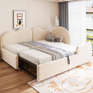 Letto imbottito con letto a scomparsa 90x200+90x190 cm, divano letto angolare in velluto beige con testiera imbottita a forma di nuvola, ideale per camerette o stanze per gli ospiti