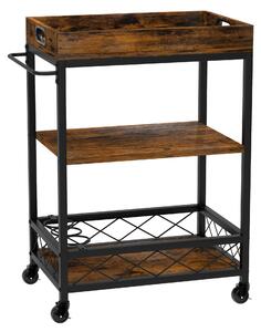 Carrello da cucina a 3 livelli, ideale come bar, con ripiani removibili e finitura rustica color legno