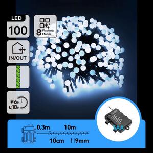 Aigostar - Catena luminosa natalizia LED per esterni 100xLED/8 funzioni 3xAA 10,3 m IP44 bianco freddo