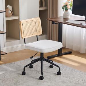 Sedia da ufficio MODFU con schienale in rattan, sedia girevole con rotelle e struttura in metallo, regolabile in altezza, senza braccioli, in ciniglia, color avorio