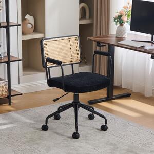 Sedia da ufficio MODFU con braccioli ricurvi, sedia girevole con schienale in rattan, rotelle e struttura in metallo, ciniglia, nera