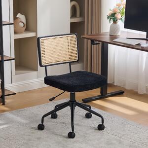Sedia da ufficio MODFU con schienale in rattan, sedia girevole con rotelle e struttura in metallo, regolabile in altezza, senza braccioli, in ciniglia, nera