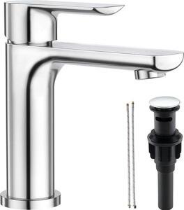 Rubinetto per lavabo - Rubinetto acqua potabile miscelatore monocomando con scarico a scomparsa in acciaio inox lucido cromato - Rubinetti per lavabo bagno linea di alimentazione acqua calda fredda
