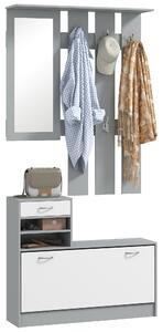 HOMCOM Mobile Appendiabiti 3 in 1 con Scarpiera e Specchio, Ganci e Cassetti, in Legno, 90x10x102 cm, Bianco e Grigio