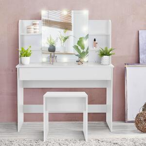 ECD Germany Tavolino da toilette bianco con sgabello imbottito, tavolo cosmetico con specchio, illuminazione LED, 1 cassetto e 4 scomparti, 108x40x140 cm, in legno MDF