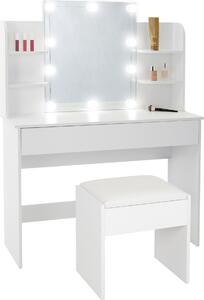 ECD Germany Tavolino da toilette bianco con sgabello imbottito, tavolo cosmetico con specchio, illuminazione LED, 1 cassetto e 4 scomparti, 108x40x140 cm, in legno MDF
