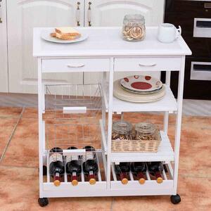 Costway Carrello da cucina con due cassetti Carrello in legno con portabottiglie e cestini frutta in metallo, 67x37x76cm Bianco